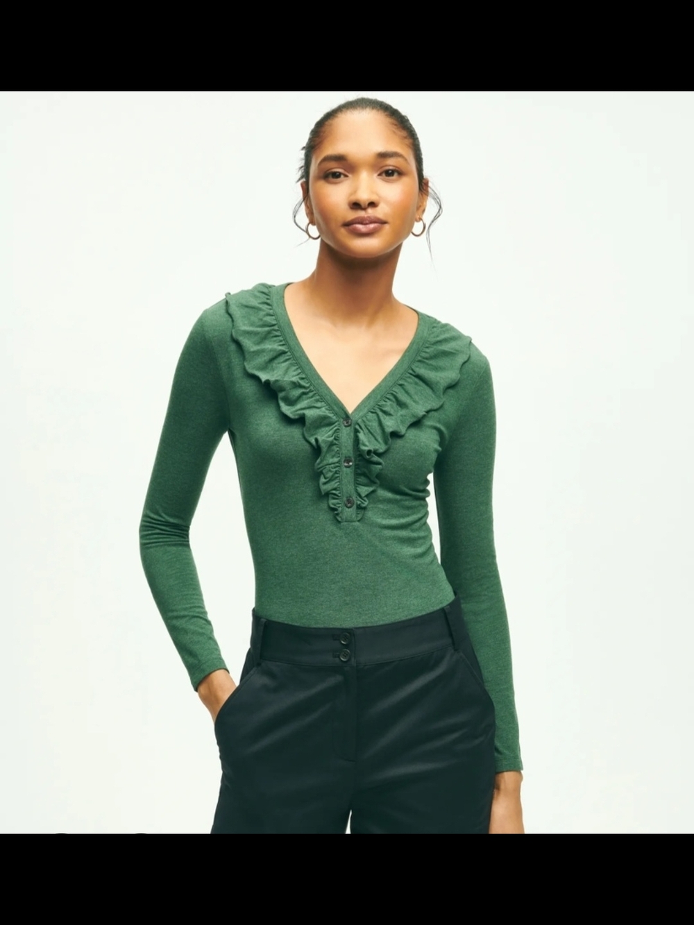Brooks Brothers Forest Green Ruffle V-Neck Long Sleeve Top